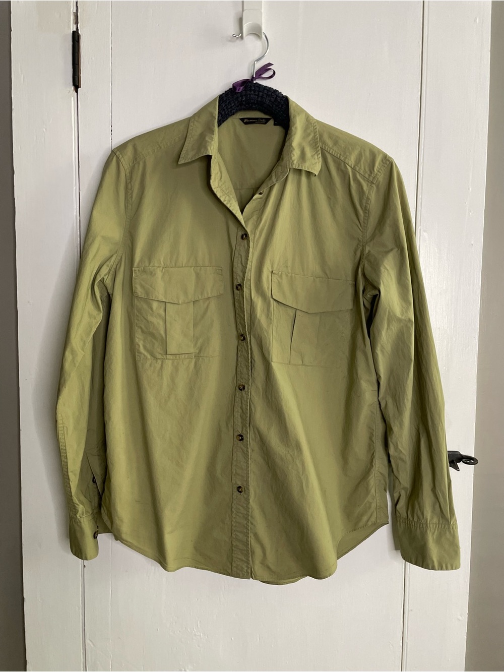 Massimo Dutti Olive 100% Cotton Women's Button Up Two Pocket Blouse Size Small